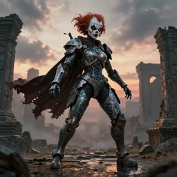portrait of a diabolical cyborg clown warrior girl, torn cape, adaptive armor, dynamic pose, heavy eyes to the side, ancient ruins, glowing veins subsurface scattering, in clouds, sunset, portrait, by gerald brom, by mikhail vrubel, by peter elson, muted colors, extreme detail, reflections, trending on artstation, 8 k