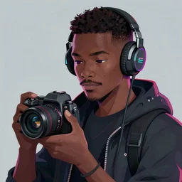 cyberpunk black man at 20s with short hair, tiny thin mustache, thin face, wearing headphones, neon eyes, holding a big camera, character concept art