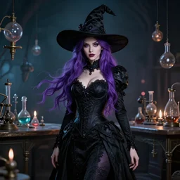 an insanely detailed portrait of a beautiful witch standing in an alchemy lab, long purple hair, tightly fitting black ornate dress and black witch hat, in the style of peter mohrbacher, artgerm, dramatic lighting and composition, octane render, trending on artstation, concept art 8 k