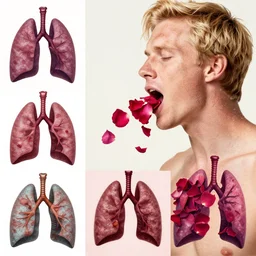 a blonde man with freckles vomiting rose petals, lungs, varying art styles, clarity, detoxification, varying angles, colorful