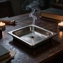 ashtray in the messy desk of the detective, smoke and dark office lit by candles