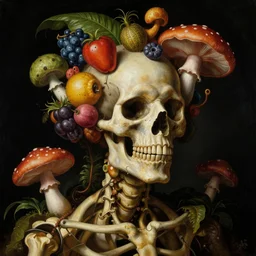 a close - up portrait of a futuristic tropical skeleton with colorful airborne fruit and mushrooms. studio lighting. black background. highly detailed science - fiction painting by norman rockwell, moebius, frank frazetta, syd mead, and giuseppe arcimboldo. rich colors, high contrast. renaissance masterpiece. artstation