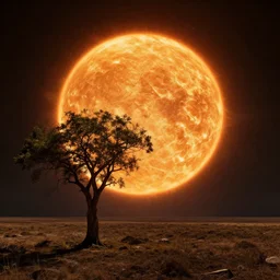 a photorealistic landscape of a planet with tree sun