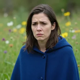 a closeup portrait of an anxious woman in an indigo cloak, field of flowers, by mike davis
