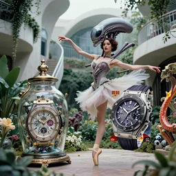 cinestill 5 0 d, 8 k, j. j abrams flare ; esoteric ultra realistic cthulhu in hublot ( 1 9 9 0 ) film still garden dance scene in frontiers in porcelain photography fashion magazine june seinen manga portrait edition, hyperrealistic real - life xenomorph holly herndon porcelain occult timepiece in victorian glass jar, pointe pose, eye contact, tilt shift wide shot zaha hadid background