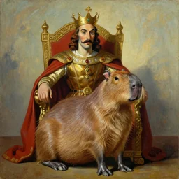 A portrait of a capybara depicted as a medieval king on a throne, oil painting by Salvador Dali, in the style of Salvador Dali
