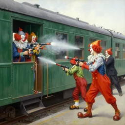clowns robbing a train using water guns, highly detailed painting by gaston bussiere, craig mullins, j. c. leyendecker 8 k