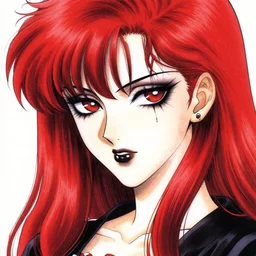 highly detailed professional portrait of 9 0 s mature seinen manga art of goth woman with red hair, black makeup, and red eyes. chunibyo. manga cover. drawn by
