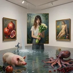 art gallery flood, painting of a tall emo girl holding a flowering courgette in a flooded art gallery, paintings on the wall, pomegranates, waterfall, dripping faucet, pigs, hemp ropes, octopus, berries, zen, sensual, surrealist, by magritte and monet
