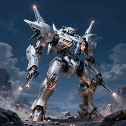 an armored core v, booster flares, legs, laser rifles, karst landscape, dark blue sky, clouds ; scifi, glowing lights intricate elegant, highly detailed, digital painting, artstation, concept art, smooth, sharp focus, thin glowing wires, illustration, art by artgerm and greg rutkowski, singularity
