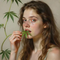 a portrait of a girl get eating by cannabis vine art by christophe vacher
