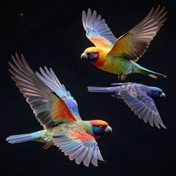 highly detailed photo of three big colorful birds flying in the dark space, all birds head and eye are visible, hyper realistic, concept art, 8 k detail post - processing