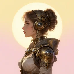 a cinematic portrait steampunk woman side profile looking at the sun, soft yellow pink background, intricate, elegant, highly detailed, digital painting, artstation, concept art, smooth, illustration, art by artgerm and hsiao ron cheng