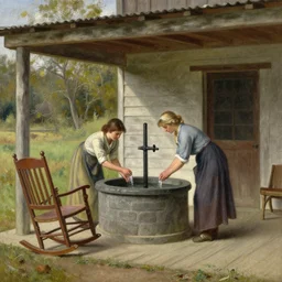 a rustic ranch with a rocking chair on the front porch, two women are getting water from a water - well, oil painting by john sargent