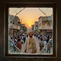 seen from broken window!! karachi streets,, sunset in background, detailed characters, alphonse mucha, greg rutkowski, trending on artstation, artgerm, breathtaking, sharp focus, smooth, mark arian, award winning, highly detailed 4 k art