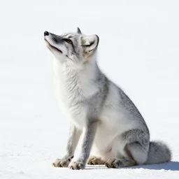 white background, arctic fox sitting down, side view, fox looking up, fox enjoying the sun