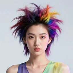 full portrait of a post modern biotech fashion model with an exuberant hair, colorful, beautiful asian face, octane render, vray, detailed, halftoned, editorial illustration, matte print, grainy light, ( ( dither ) ), risograph, high contrast, screen print, grainy texture