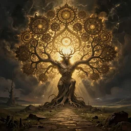 an ancient creature, by asaf hanuka, by caspar david friedrich, by zdzisław beksinski, chinese art, soviet art, concept art, divine, powerful, accent lighting, on path to enlightenment, tree of life of fractals