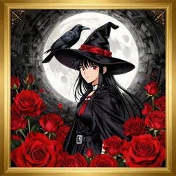 golden elements at borders, portrait, A young witch and a crow in front of the full big moon, creative book cover, winner of design award, red roses, red white black colors, establishing shot, extremly high detail, foto realistic, cinematic lighting, pen and ink, intricate line drawings, by Yoshitaka Amano, Ruan Jia, Kentaro Miura, Artgerm, post processed, concept art, artstation, matte painting, style by eddie, raphael lacoste, alex ross