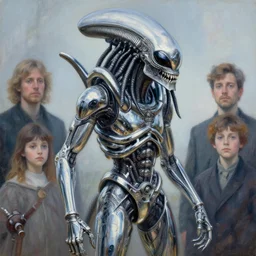 the predator, intricately detailed painting by magali villeneuve, jeremy mann, and claude monet. alien hunter made entirely from liquid chrome