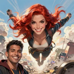 Rafeal Albuquerque comic art, Joshua Middleton comic art, pretty female Madelaine Petsch Rogue x-men marvel taking a selfie, big smirk, symmetrical face, symmetrical eyes, long red hair white streak hair, full body, flying in the air:: battlefield background:: sunny weather::