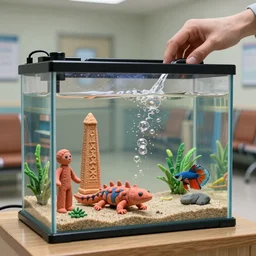 fish tank in hospital waiting room. newt. plasticine model in water. figures clay. tilt shift. clay figure. surreal. tropical fish tank with sand. strange. weird. astrix and obelisk. bubbles form pump. hands. tank. siamese fighting fish. aquatic photography. photorealistic. waiting room