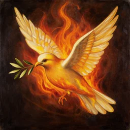 a dove made of fire with an olive branch in its mouth, by nicola samori, painting, 8 k, high detail