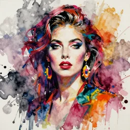 painting of a woman in acid fashion by basquiat and jackson pollock, watercolor and acrylic paint mixed media