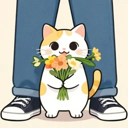 wide shot illustration of white cat with yellow black patterns, holding a flowers bouquet in her mouth, under a human standing wearing jeans and sneakers, large happy eyes