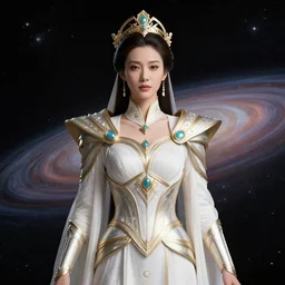 portrait of the powerful empress of the solar system in the style of ross tran and in the style of edmund blair leighton. glowing, ornate and intricate linework, sharp focus, depth of field, stunning, dynamic lighting, ultrafine and hyperdetailed.