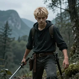 Young blonde boy fantasy thief, realistic, ultra detailed, menacing, powerful, dark, shallow focus, forest, mountains in the background concept art design as if designed by Wētā Workshop