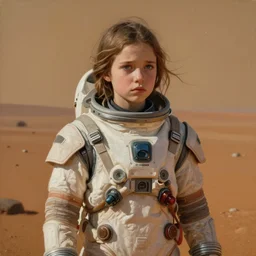 painting, young girl, beautiful face, gorgeous, standing on the surface of mars, cinematic lighting, eva suit, sad, medium close up, wallpaper, extremely detailed, sharp focus, by greg rutkowski and [ [ [ wlop ] ] ], intricate, beautiful, award winning, trending on artstation, pixiv