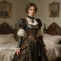 woman model, steampunk clothes, unedited colors, in a bedroom!!!!!!!!!!!!!!!!!!!!, elegant, highly detailed, digital painting, artstation, concept art, smooth, sharp focus, illustration, art by krenz cushart and artem demura and alphonse mucha