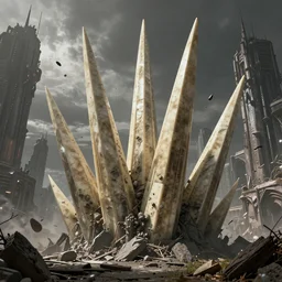 giant thick ivory angular Spikes grow out of the ground in a gothic medieval cyberpunk city, debris flying around, the feeling of grimdark terror and dispair, high quality, detailed, 8k, unreal engine, octane render, trending on artstation