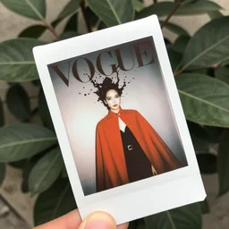 An instax tilted 35° film still of a girl wearing red cape featured in Vogue and GQ editorial fashion photography, color splash, beautiful eye, symmetry face, Long shot wide shot full shot, haute couture dressed by Givenchy and Salvatore Ferragamo, Canon EF 85mm f/1.4L IS USM, in porcelain and metal and lush branch