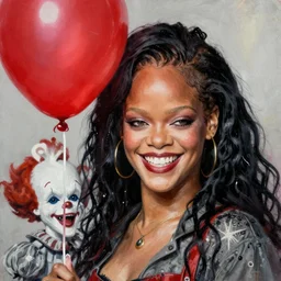 grunge cartoon painting of rihanna with a wide smile and a red balloon by chris leib, loony toons style, pennywise style, corpse bride style, horror theme, detailed, elegant, intricate