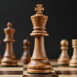 photograph of a realistic chess king piece. it has magnus carlsen's face! it is made of wood