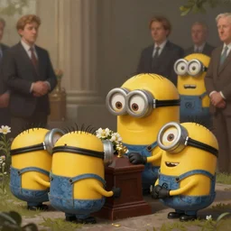 an epic painting minion, grieving about his brothers at the funeral, perfect composition, golden ratio, beautiful detailed, photorealistic, digital painting, concept art, smooth, sharp focus, illustration, artstation trending, octane render, unreal engine
