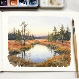 small centered on watercolor paper, paint brush strokes, abstract watercolor painting of crisp glass dawn at swedish bog, spring and autumn, sharp daylight, cinematic light, american romanticism by hans dahl, by jesper ejsing, by anders zorn, by greg rutkowski, by greg manchess, by tyler edlin