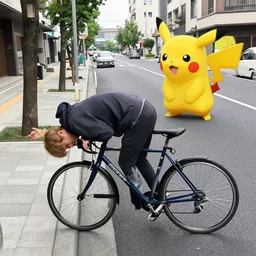 un uomo cade dalla bicicletta per colpa di un pokemon che attraversa la strada