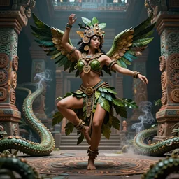 an immaculate render of a dancing mayan goddess adorned with leaves and cables and bird wings parts, dancing in a temple surrounded by wild tentacles made from mandalas and incense smoke, full body, perfect face, powerful, cinematic, beautifully lit, by artgerm, by karol bak, by android jones, 3 d, trending on artstation, octane render, 8 k
