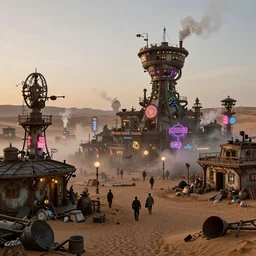 a steampunk village in the desert at dawn, junk everywhere, neon lights, neon signs, magical atmosphere, mist, steam, photo realistic, 35mm, Matte painting, octane render, 8k, corona render, movie concept art by albert kiefer