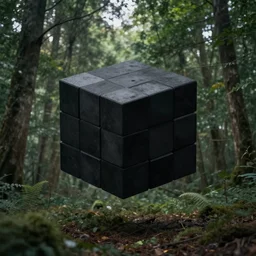 black hypercube floating in a forest