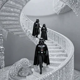 Darth Vader walking down an infinite spiral staircase made out of diamonds.