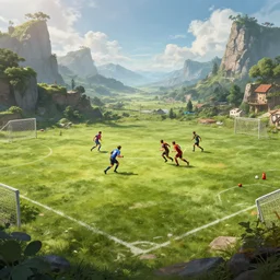 fantasy landscape showing two football teams fighting each other on a pitch, high quality trending on artstation