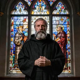 double exposure of a sigma 8 5 mm f / 1. 4 photo of a bearded black robed st. benedict of nursia blending into a beautiful stained glass window in the style of true detective