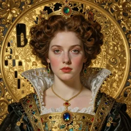 face centered portrait, artwork by james jean, hyperdetailed realistic, beautiful medieval queen, jean delville, art nouveau, gustav klimt, ornate gilded gothic icon