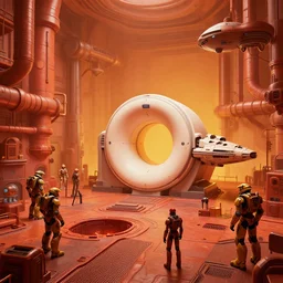 a minimalist cathedral interior of the matrix nebuchadnezzar biomechanical gieger, 3d rendered steampunk, iron smelting pits, high tech industrial and maschinen krieger, warm saturated colours, mri machine millennium falcon space-station with massive piping inspired by a nuclear reactor submarine, ilm, beeple, star citizen halo, mass effect, starship troopers, elysium