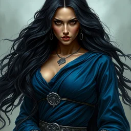portrait of salma hayek as a surly and determined beautiful medieval sorceress with very long black hair, clothed in blue silk robe and silver metal belt, neutral expression, intricate, elegant, highly detailed, digital painting, artstation, concept art, matte, sharp focus, illustration, art by artgerm and greg rutkowski and alphonse mucha, sharp focus, smooth