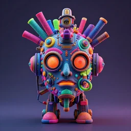 a claymodel of a dieselpunk rococo spaced out robot head wearing multicolored tubes, 8 k, front view, symetrical, flourescent colors, halluzinogenic, multicolored, exaggerated detailed, front shot, 3 d render, octane